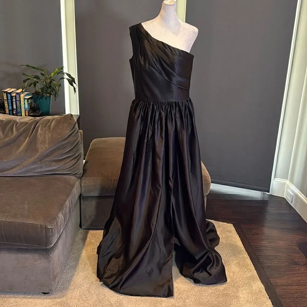 Women’s Black Satin One Shoulder Prom Party Formal Dress with Leg Slit Size 16